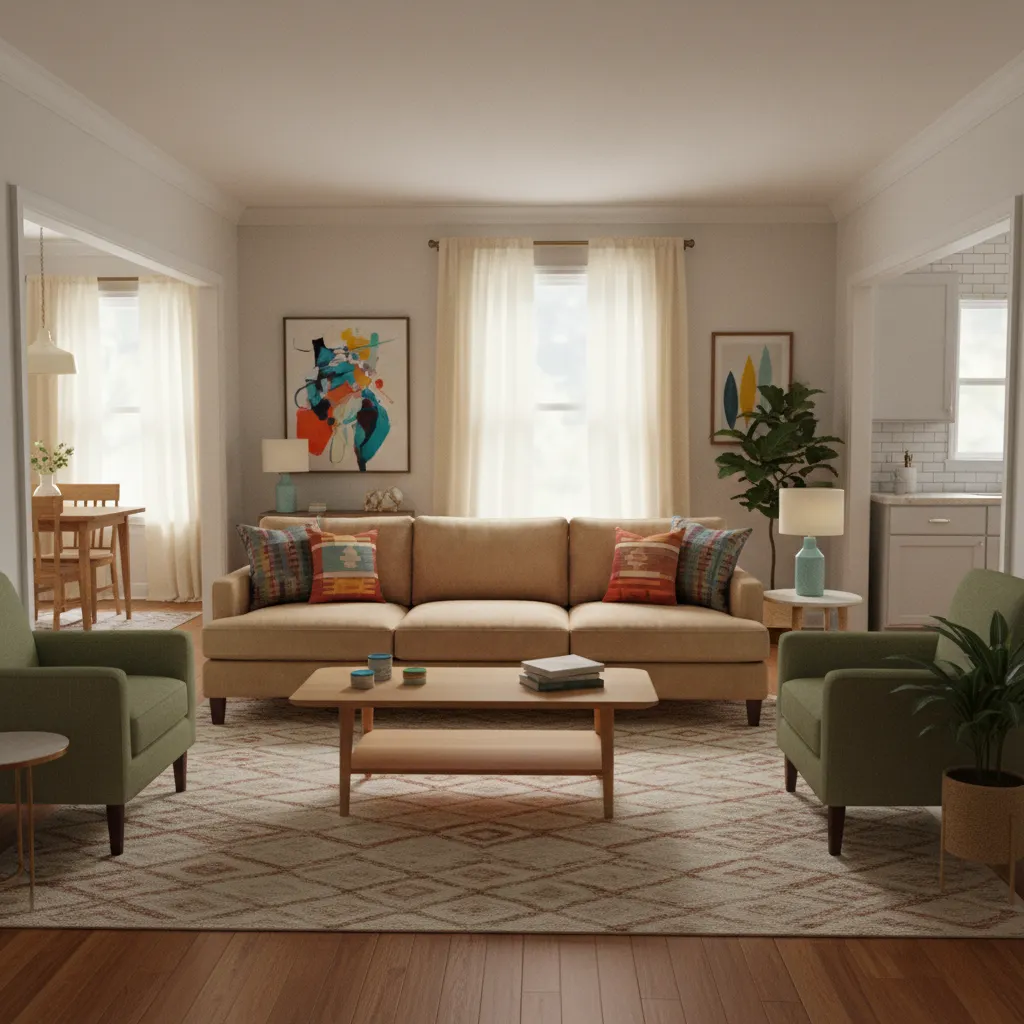 Central living room layout inspired by Will and Grace apartment with sofa and coffee table hub