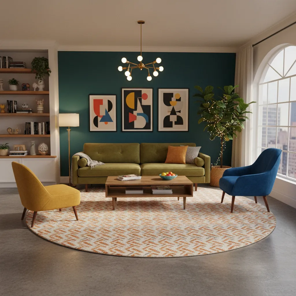 Apartment living room with strong decor focal points such as artwork rug and accent chairs