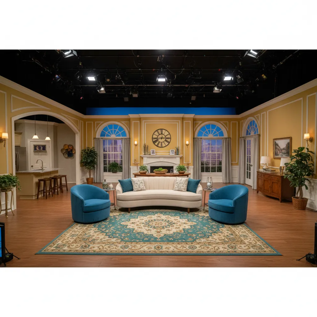 comparison of sitcom living room layouts with open stage style seating arrangement