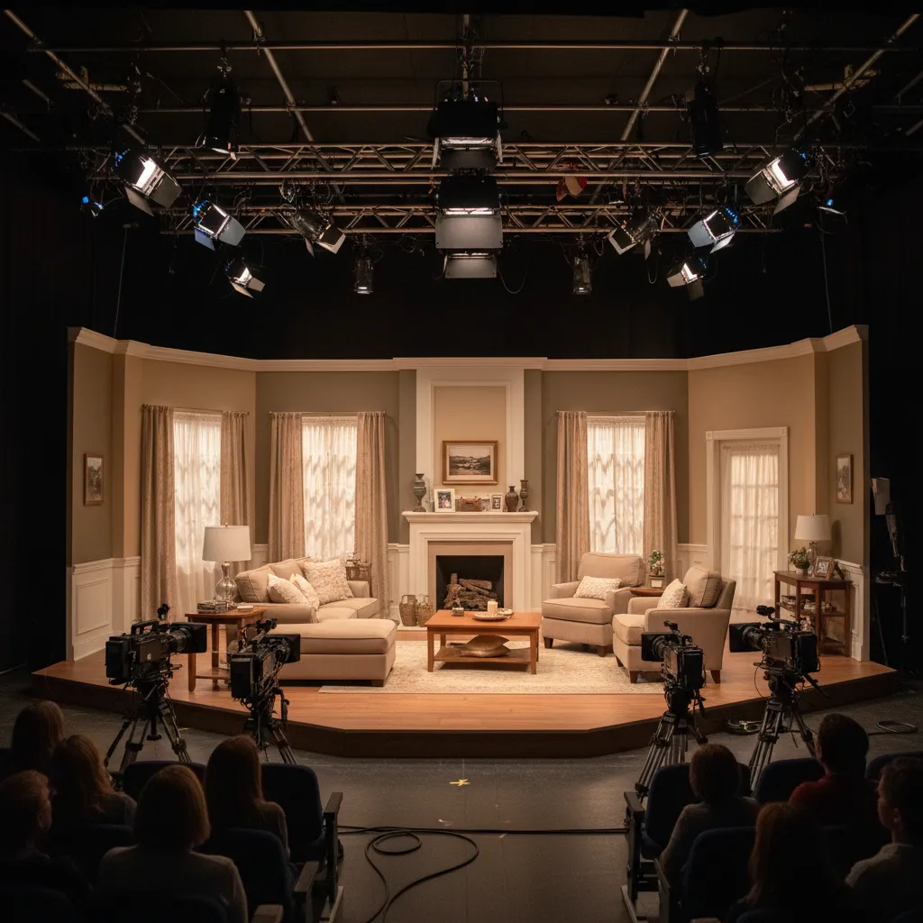 wide view of sitcom living room set with open wall facing cameras