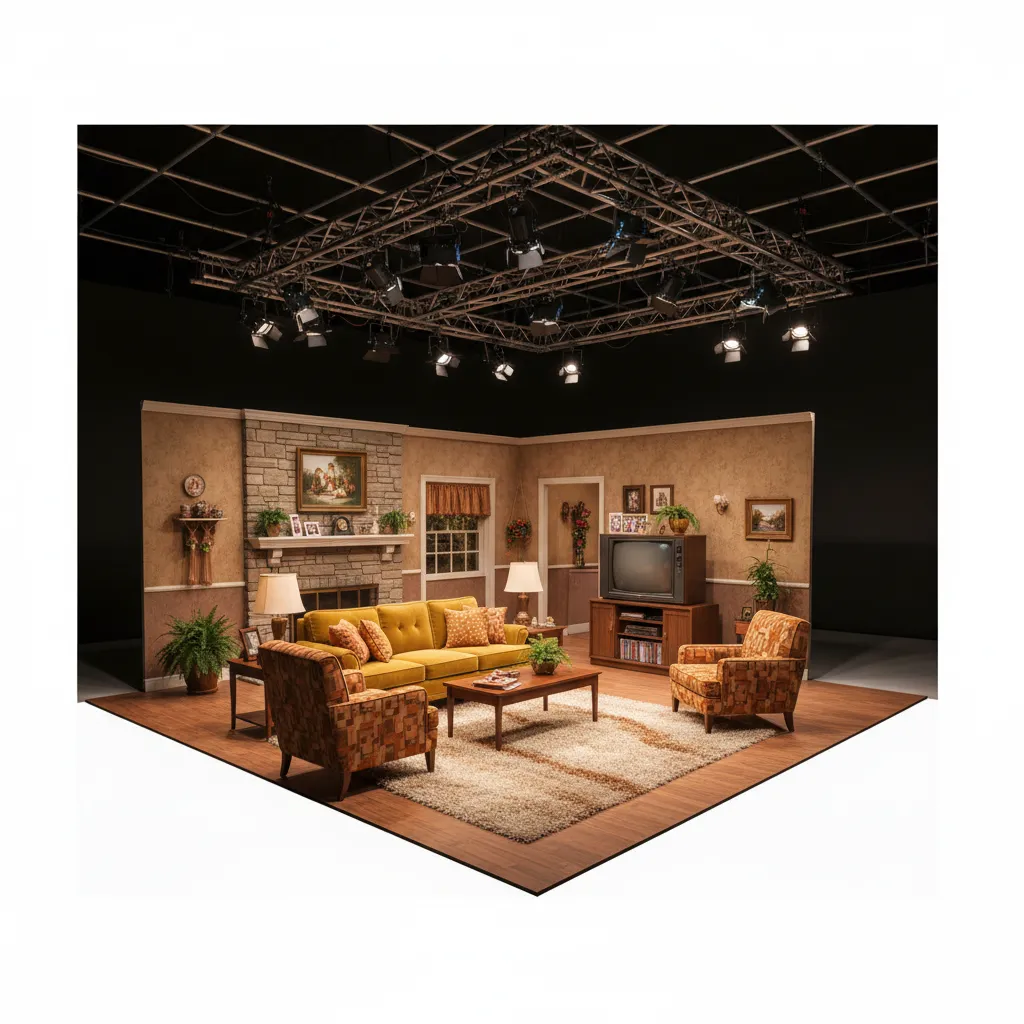 wide television sitcom living room set layout with open wall for cameras