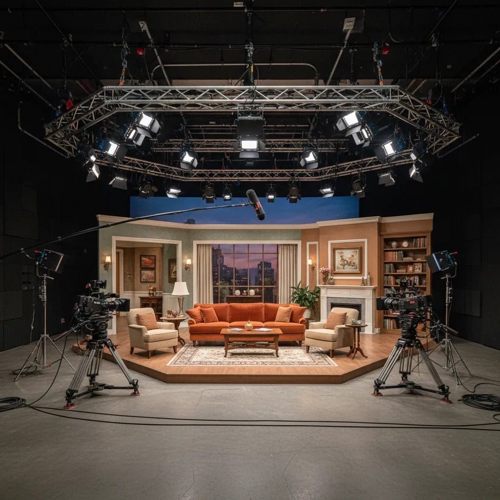 multi camera sitcom filming setup around living room set
