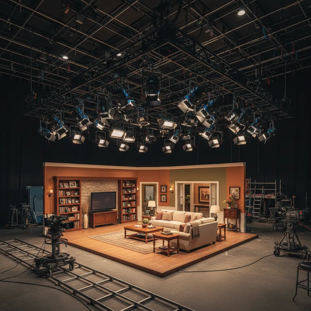 television sitcom lighting grid above a living room set