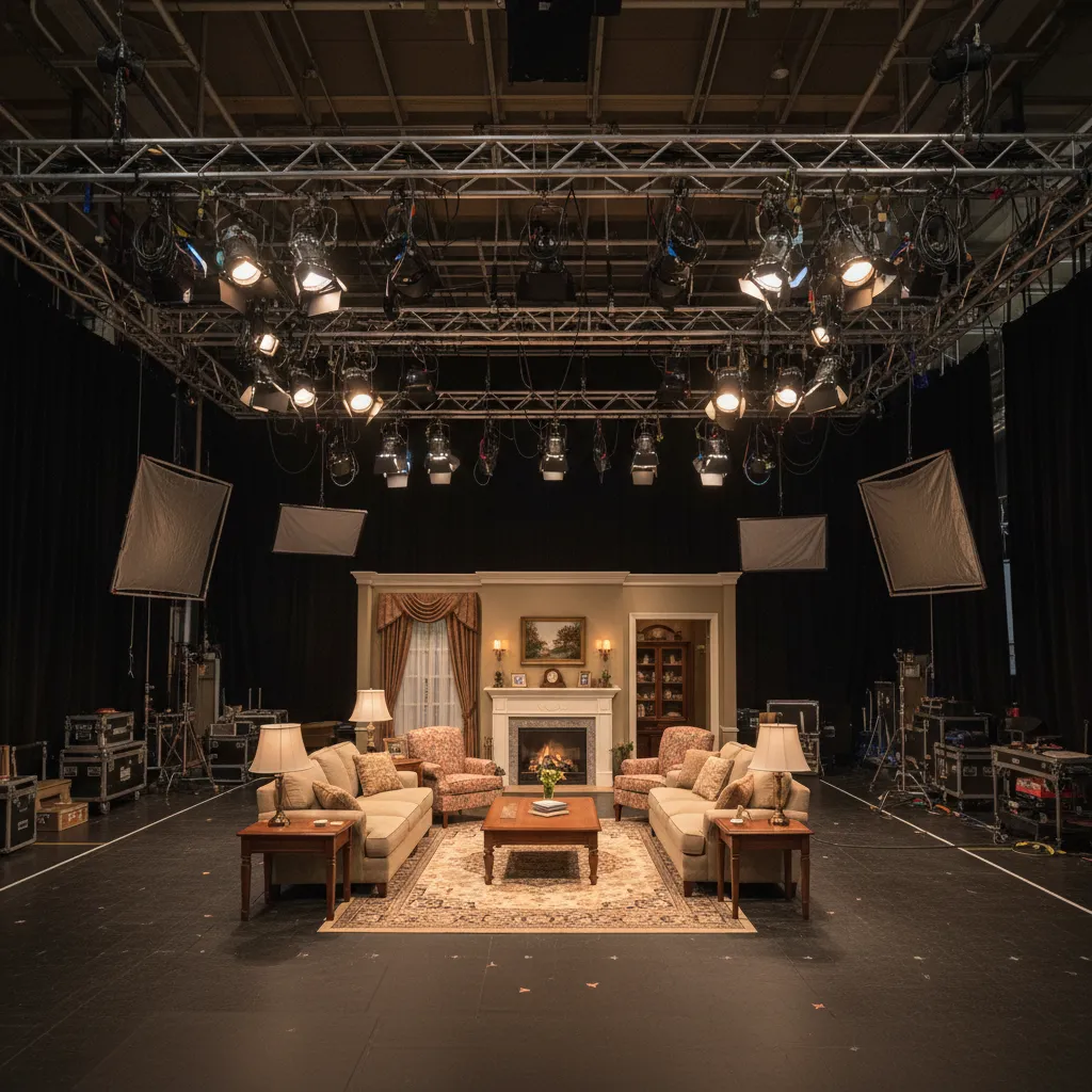 studio lighting grid above sitcom living room set