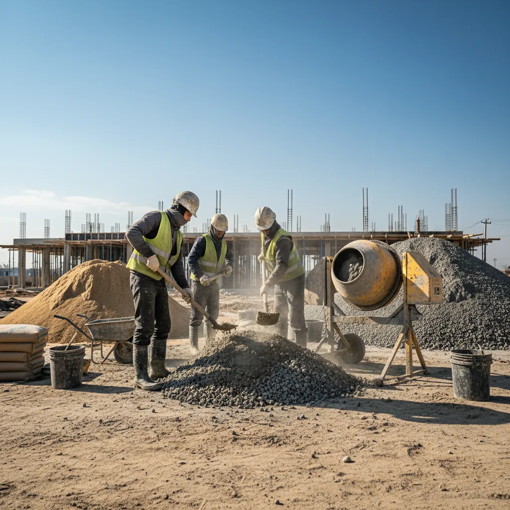 Workers manually mixing cement sand and gravel on a construction site