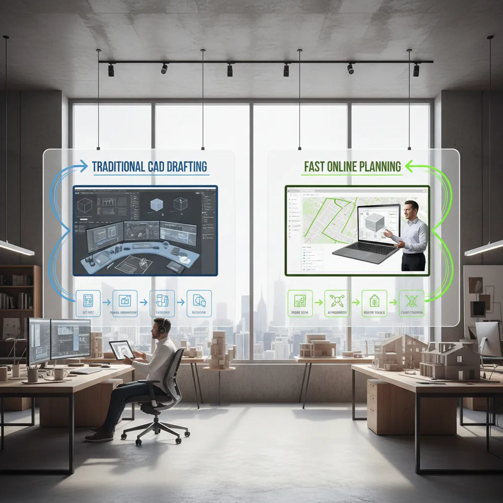 Workflow illustration comparing CAD drafting process and faster online planning workflow