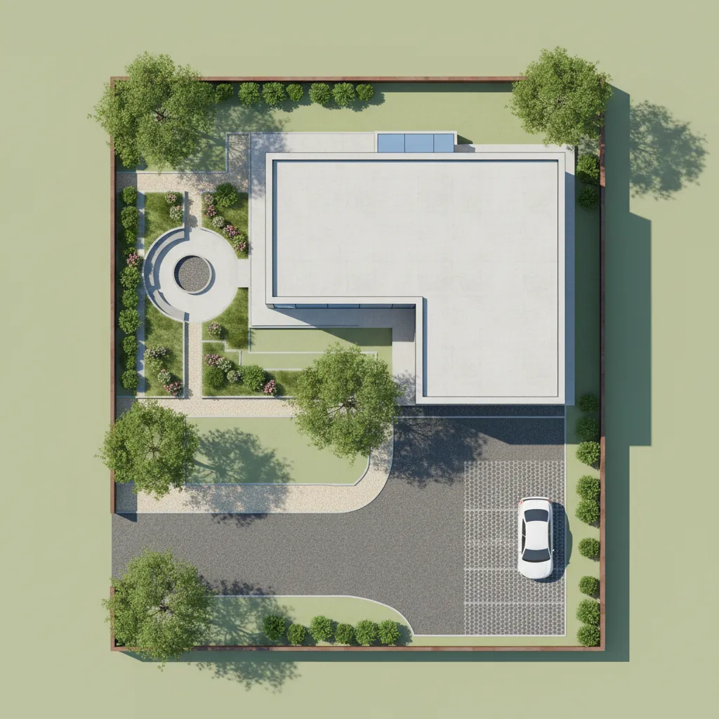 Gambar tampilan atas site plan rumah dengan taman dan jalan masuk