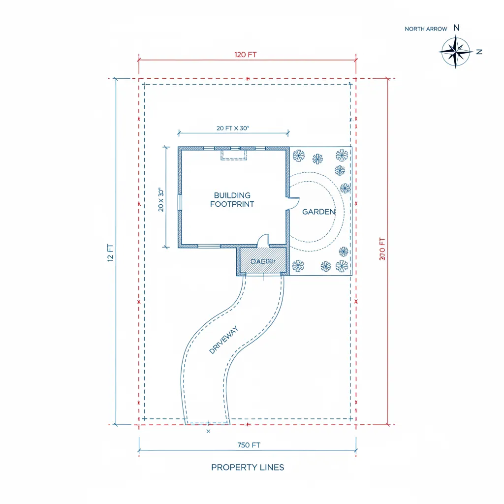 Example residential site plan layout with labeled structures and property boundaries