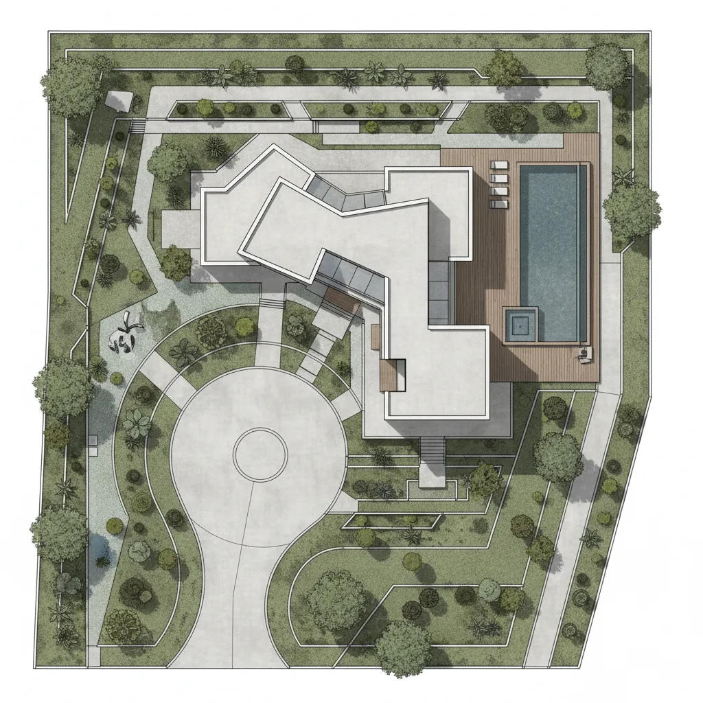Top down exterior design drawing of a large house with garden pool and circular driveway
