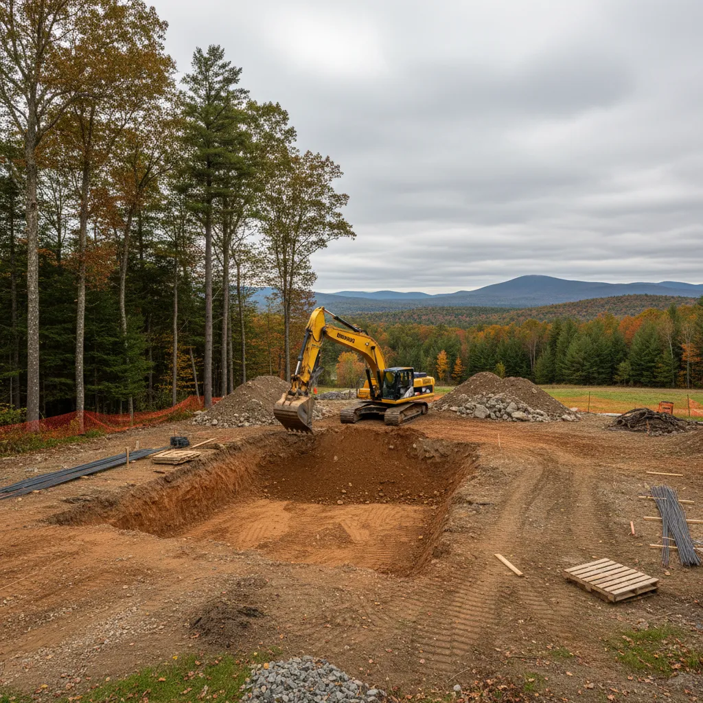 Excavation and land clearing for new house construction in New Hampshire