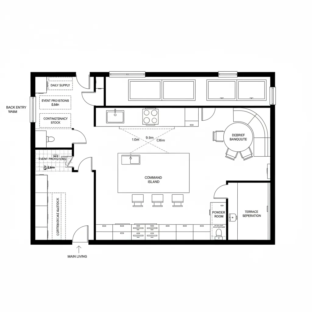 Detailed kitchen floor plan showing a large island breakfast nook storage cabinets and a powder room