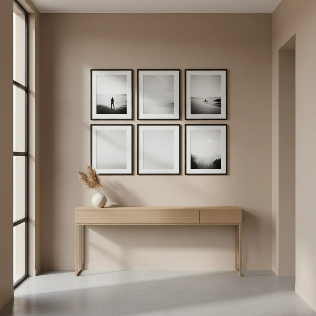 Six 8x10 frames arranged in a 2x3 gallery wall layout above a console table