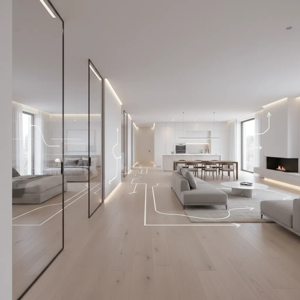 interior layout showing circulation path in a six room house