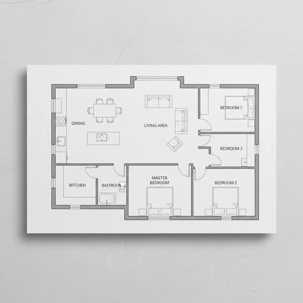 six room house zoning floor plan layout showing living and bedroom areas