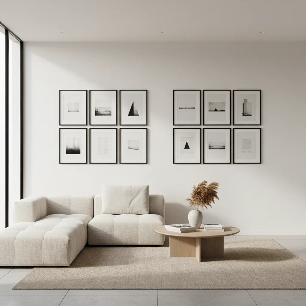 Grid gallery wall layout with six to eight picture frames