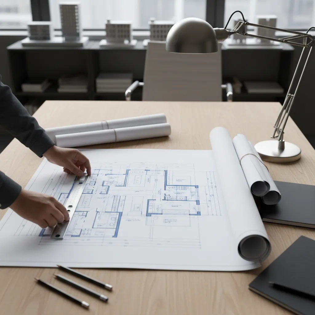 Person using a metal ruler to measure a house floor plan on a wooden desk