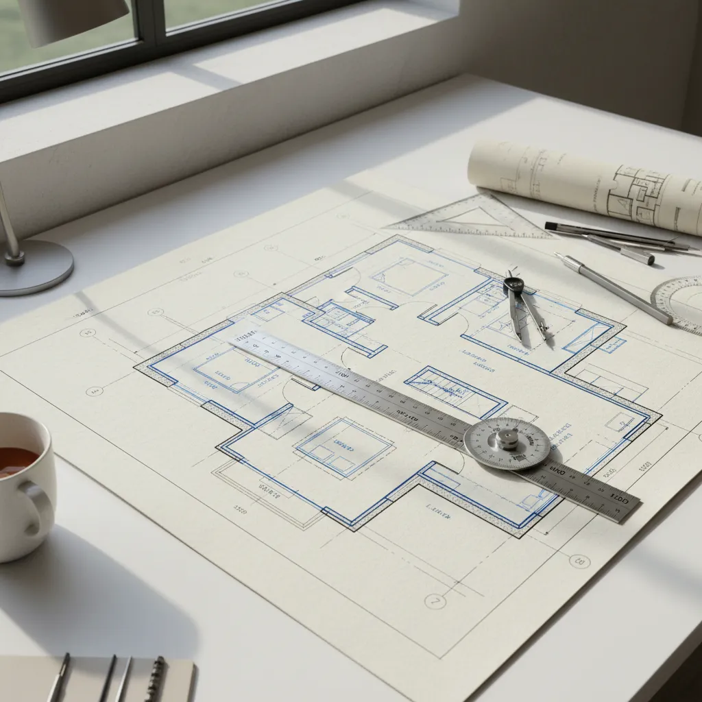 Hand drawn floor plan on white desk with professional drawing tools and warm coffee mug