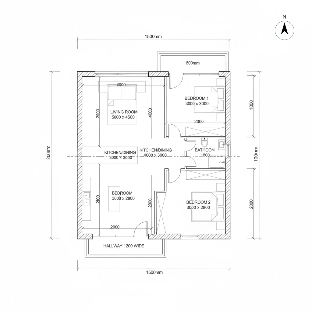 Black and white room layout showing bedroom living room and kitchen with labels and measurements