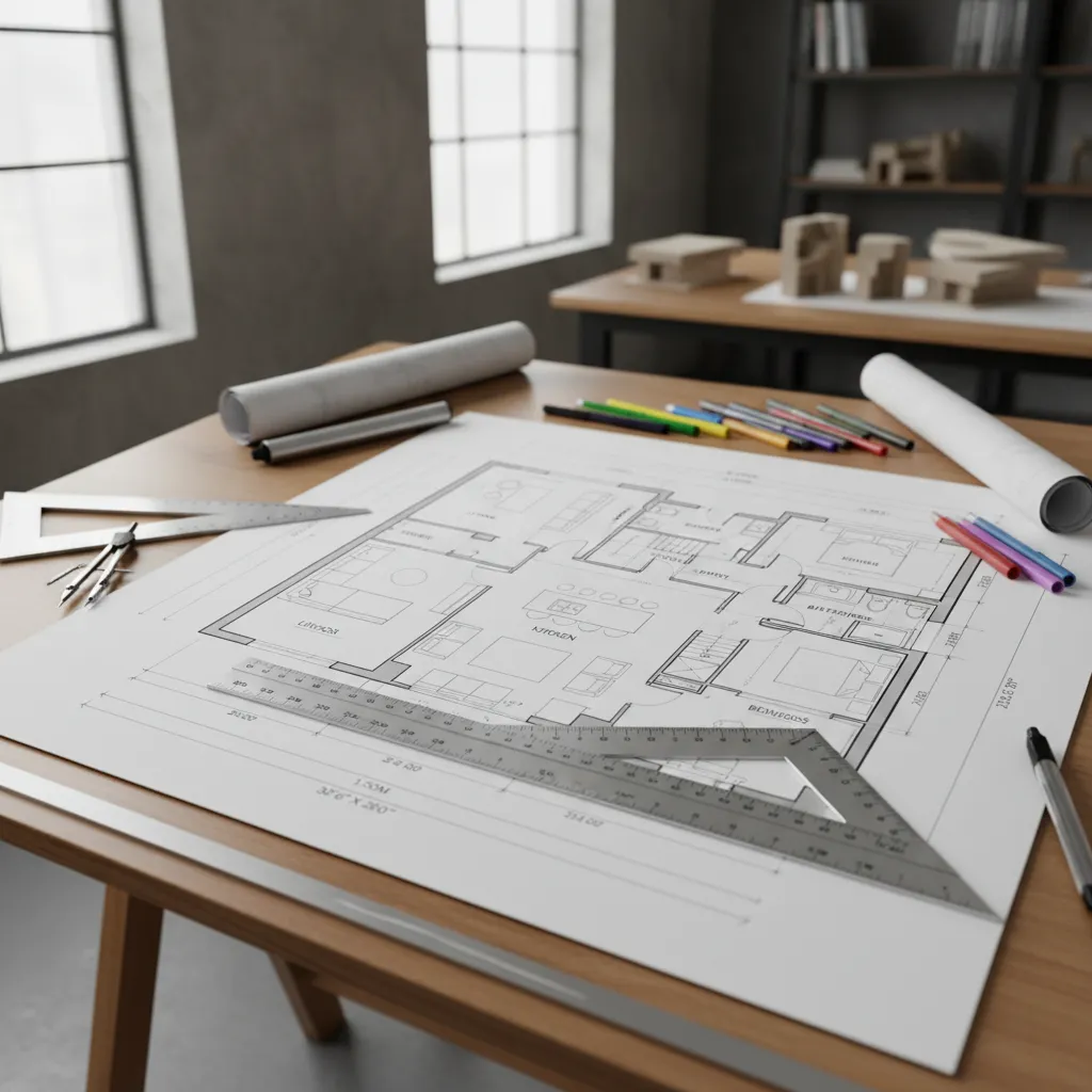 House floor plan on wooden desk with various rulers pencils and rolled paper in studio