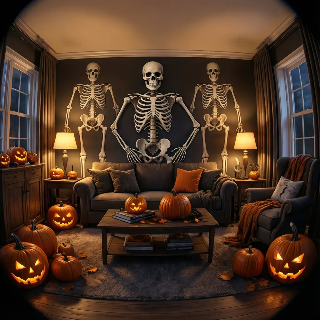 Halloween living room decorated with skeleton wall decor and themed lighting