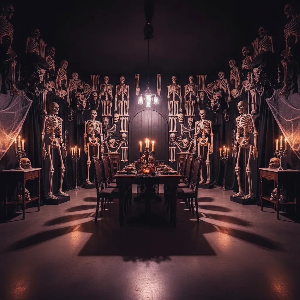Professional Halloween event scene with skeleton wall decorations