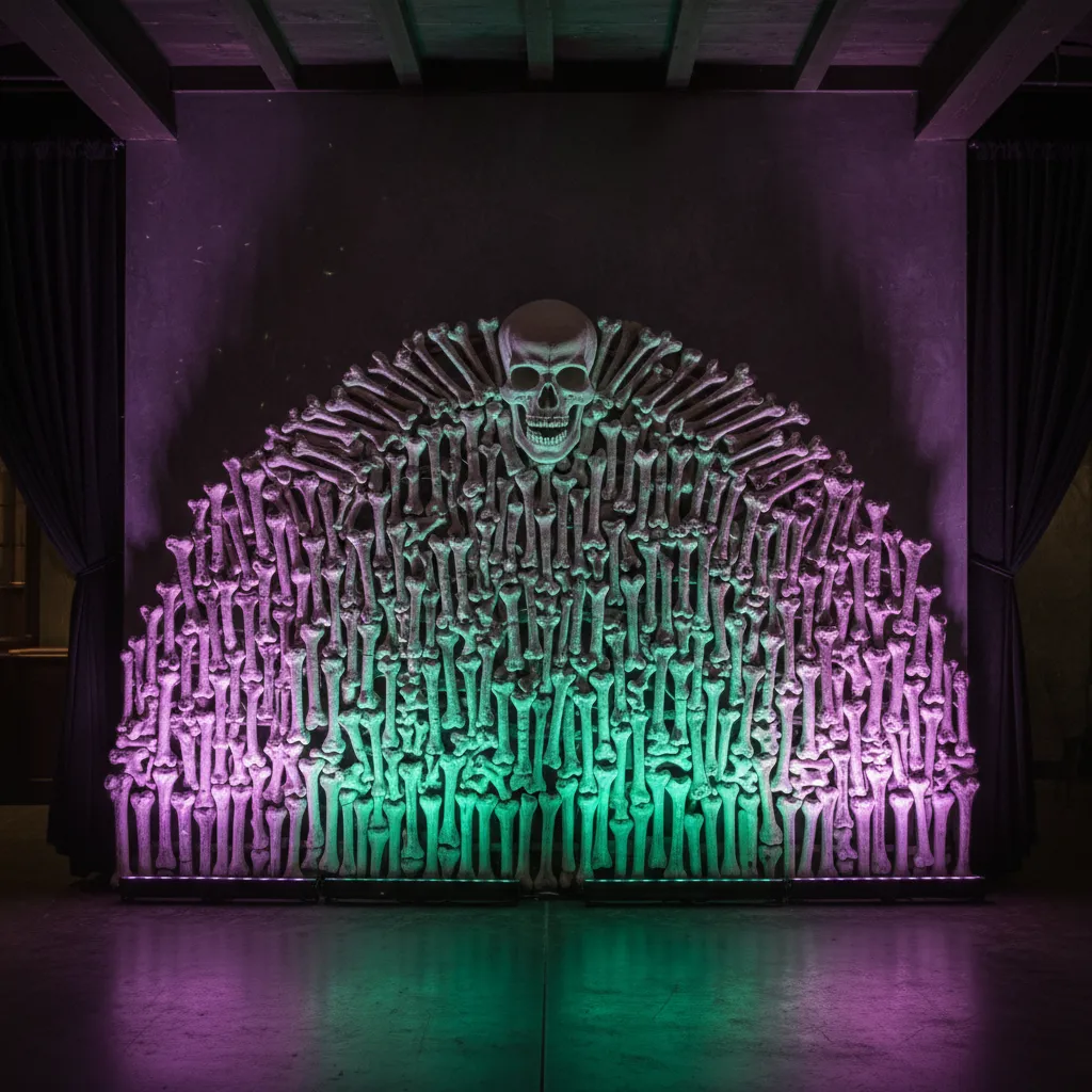 Skeleton wall decor enhanced with dramatic colored lighting