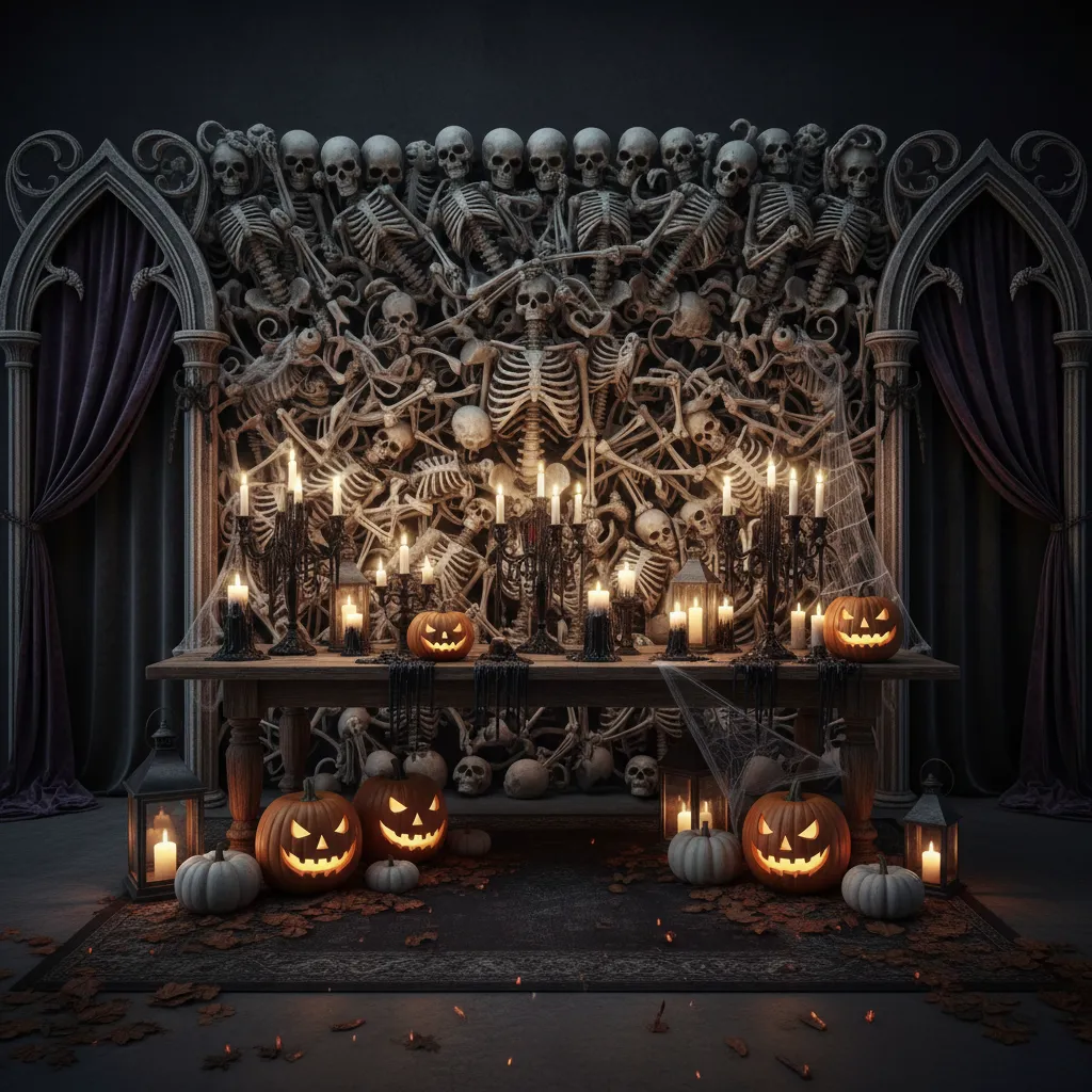 Halloween party photo backdrop made from layered skeleton wall decorations