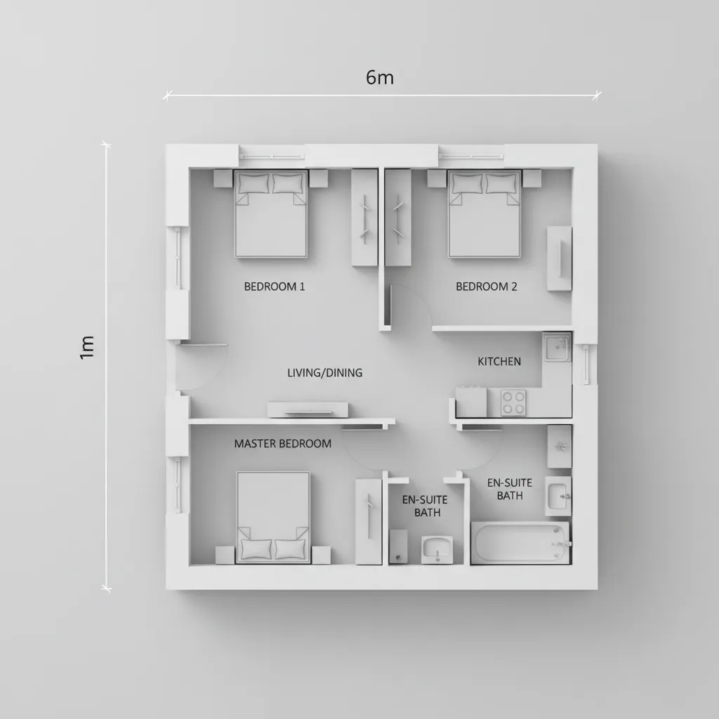Skema denah rumah 6x10 tiga kamar