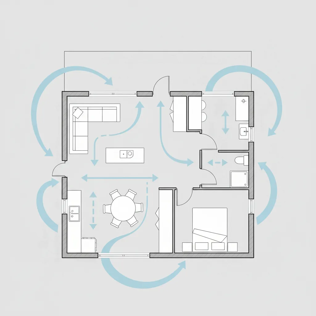 Small house floor plan drawing showing room layout with blue arrows for air flow movement