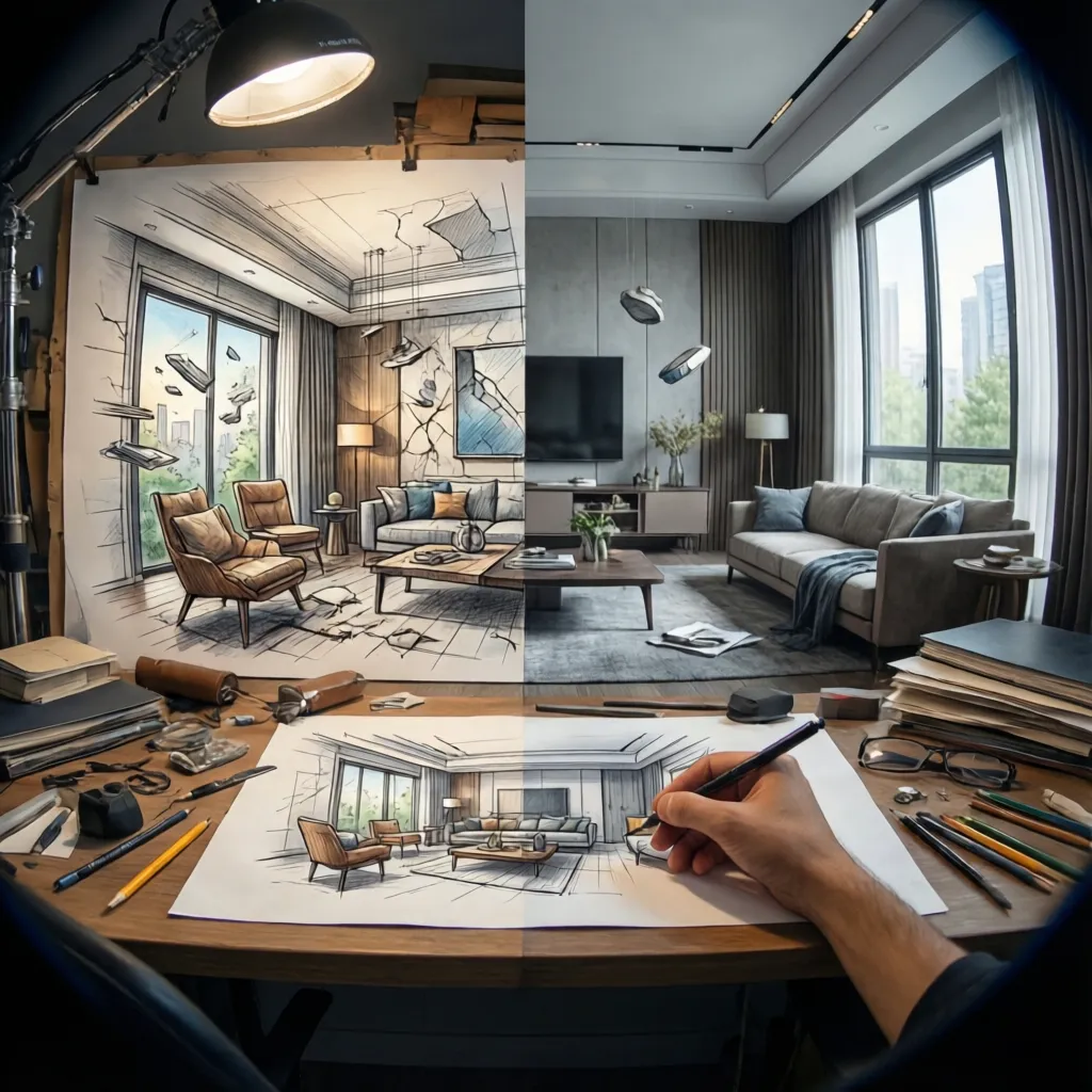 Comparación entre boceto de interior y modelo 3D del mismo espacio