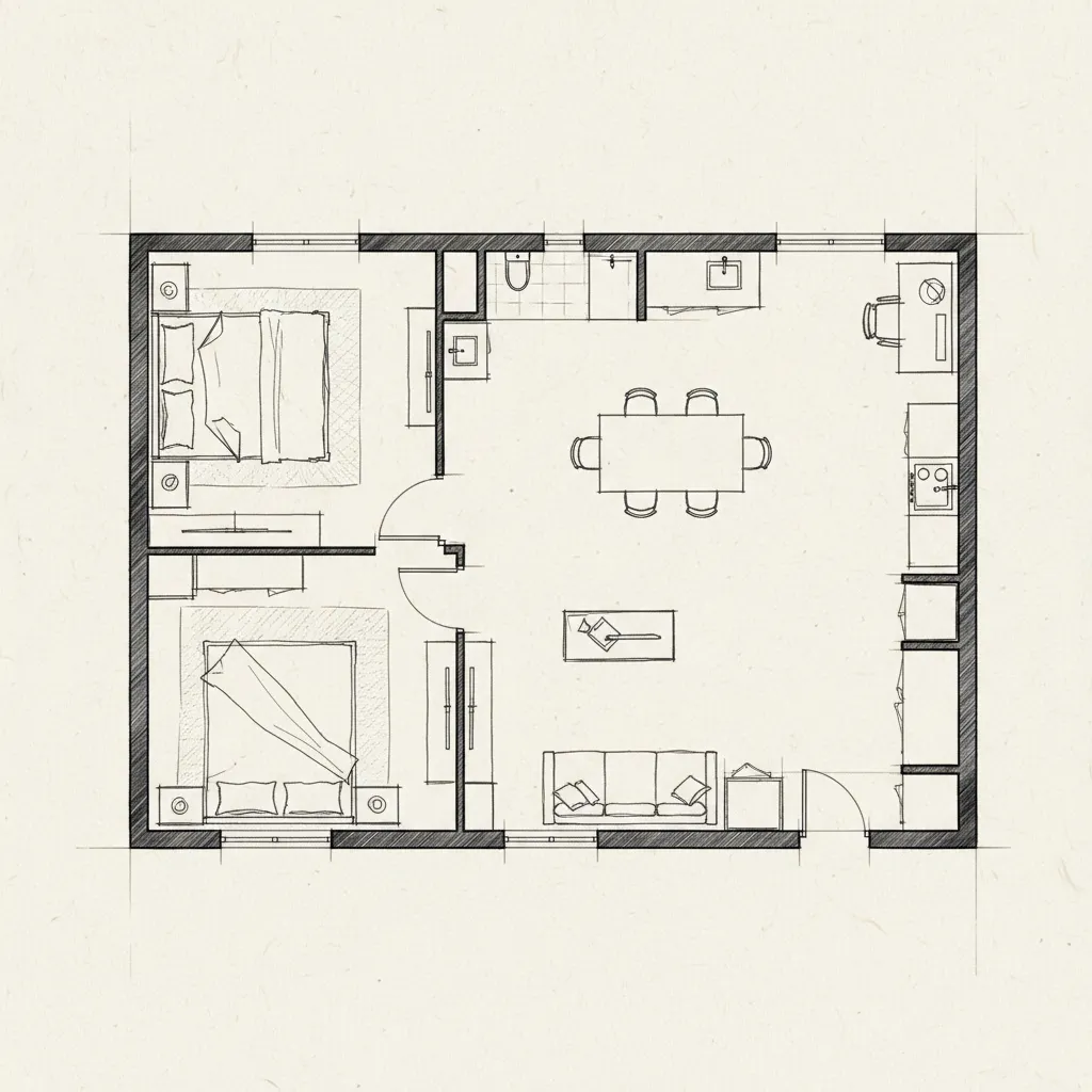 Boceto de planta de distribución de mobiliario en un apartamento