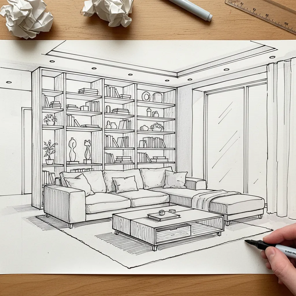 Boceto a mano alzada de un salón en perspectiva con sofá y mesa