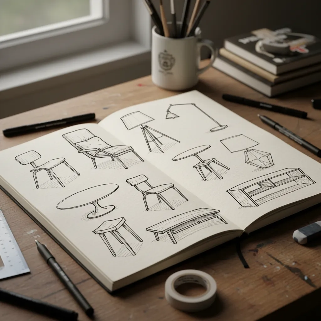 Página de cuaderno con bocetos rápidos de muebles y lámparas