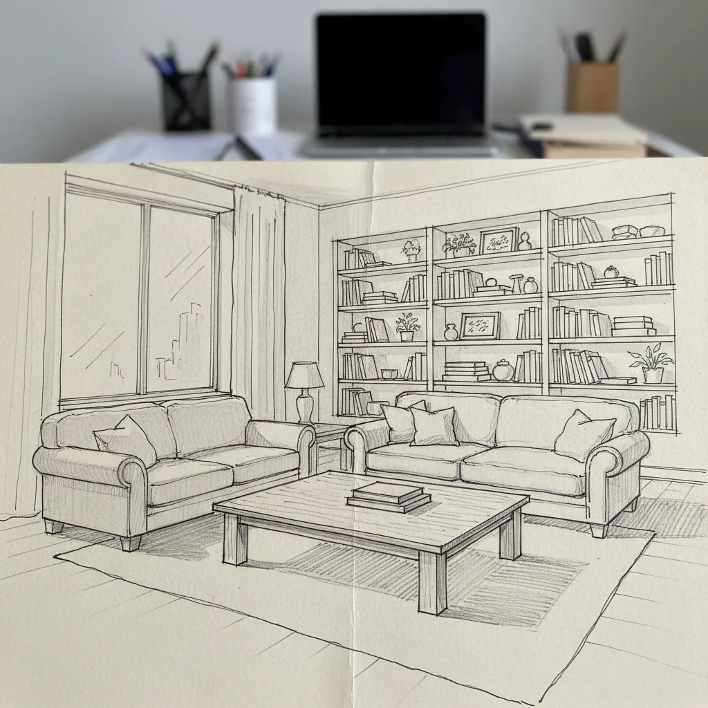 Boceto a mano alzada de una sala de estar en perspectiva con muebles básicos