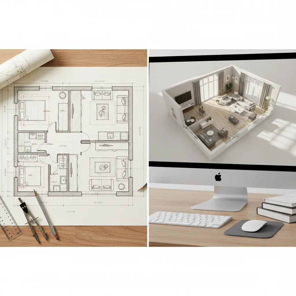 Side by side comparison of hand sketched floor plan and digital 3D floor plan model