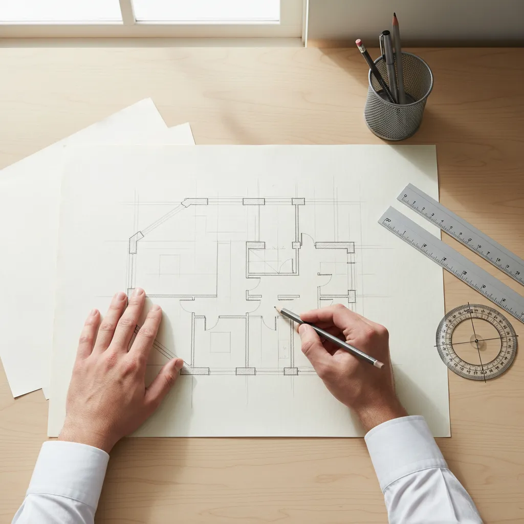 Hands drawing a house floor plan layout on paper with a pencil and several tools