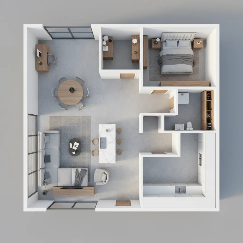 3D interior floor plan model showing furniture layout and room structure