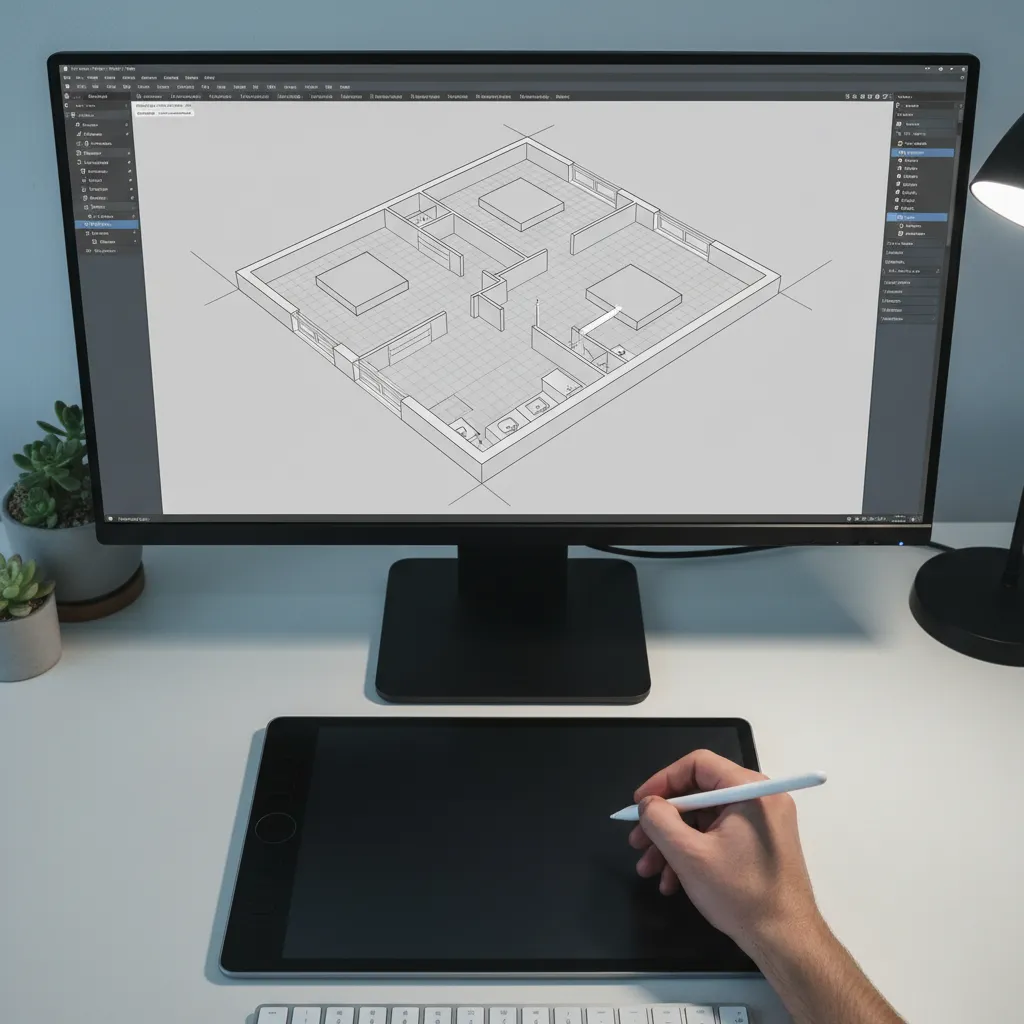 Designer using a digital tablet and stylus to create a basic 3D room layout drawing