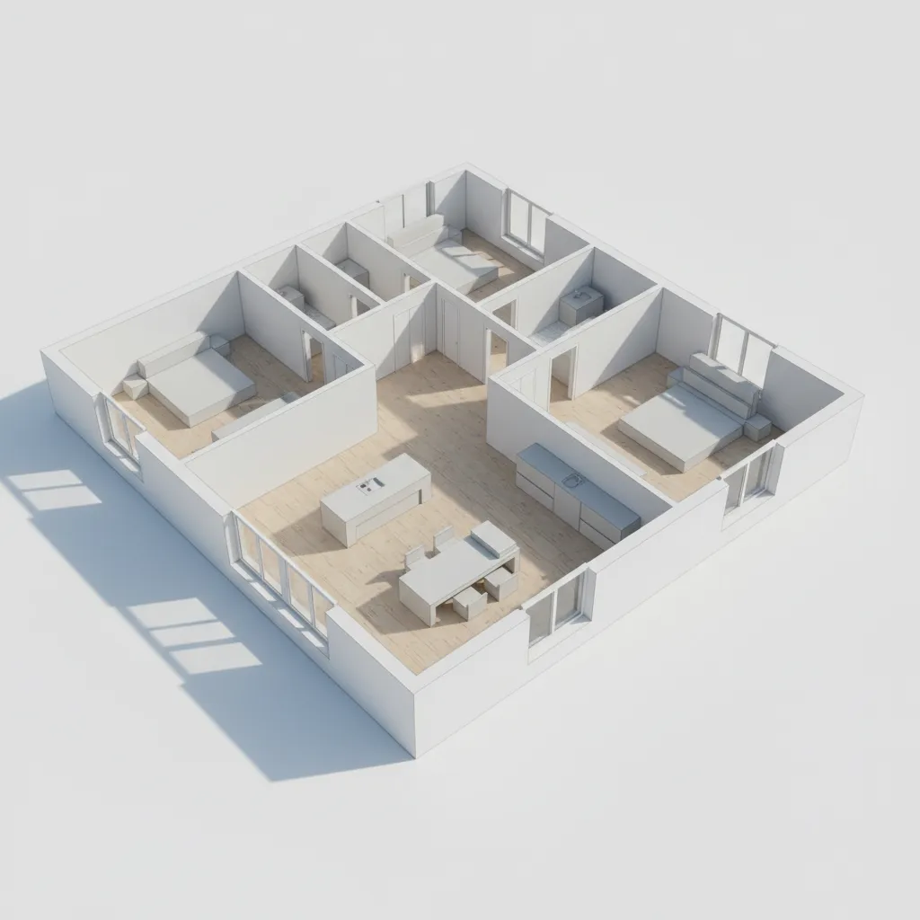 SketchUp style conceptual 3D house floor plan model with simple materials
