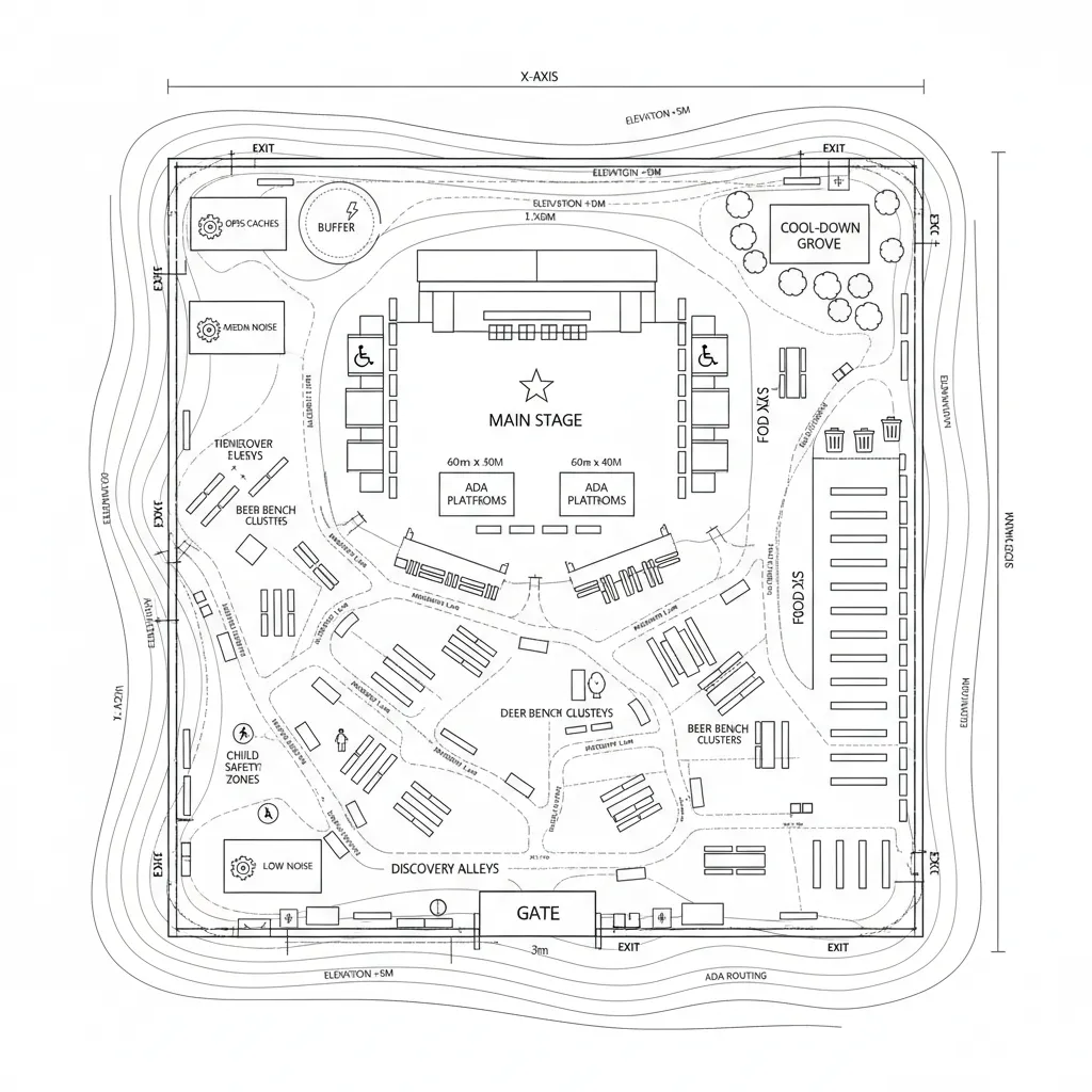 Festival site plan with stage plaza, discovery alleys, food axis, and cool-down grove