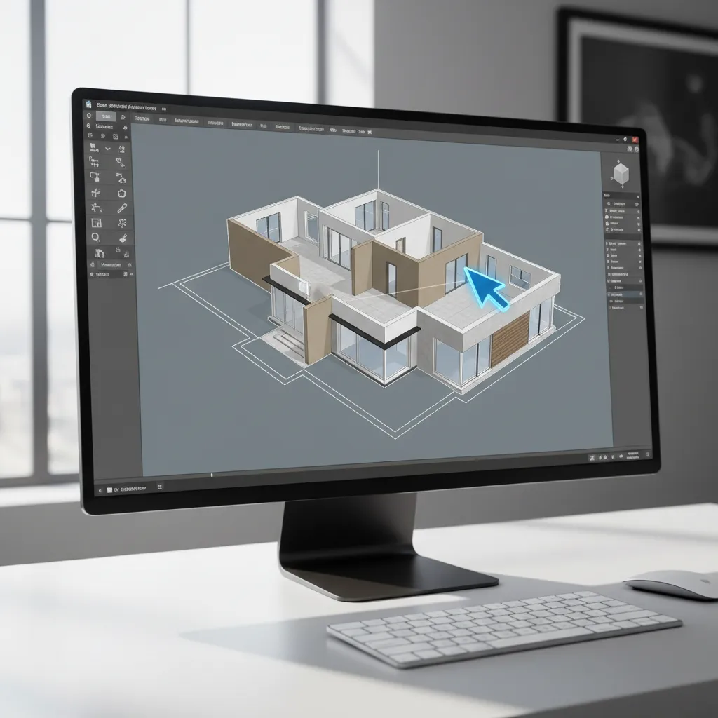 Computer monitor showing 3D interior design drawing of a house being edited with blue cursor