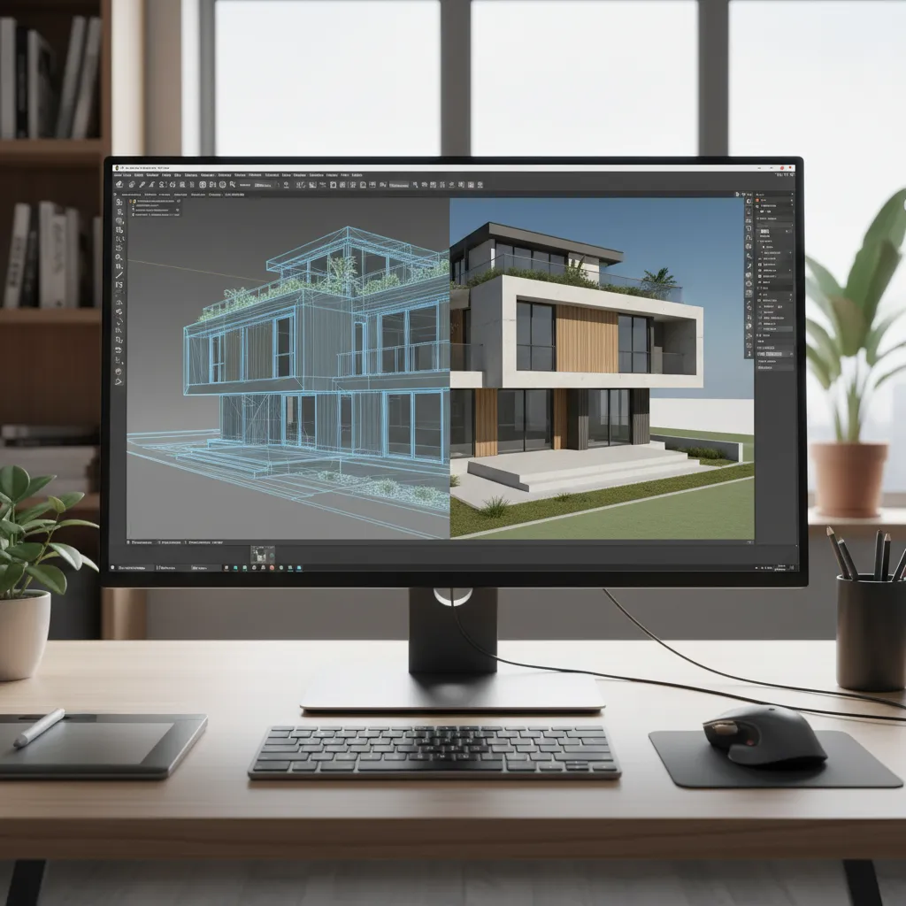 3D house model being edited in professional design software environment
