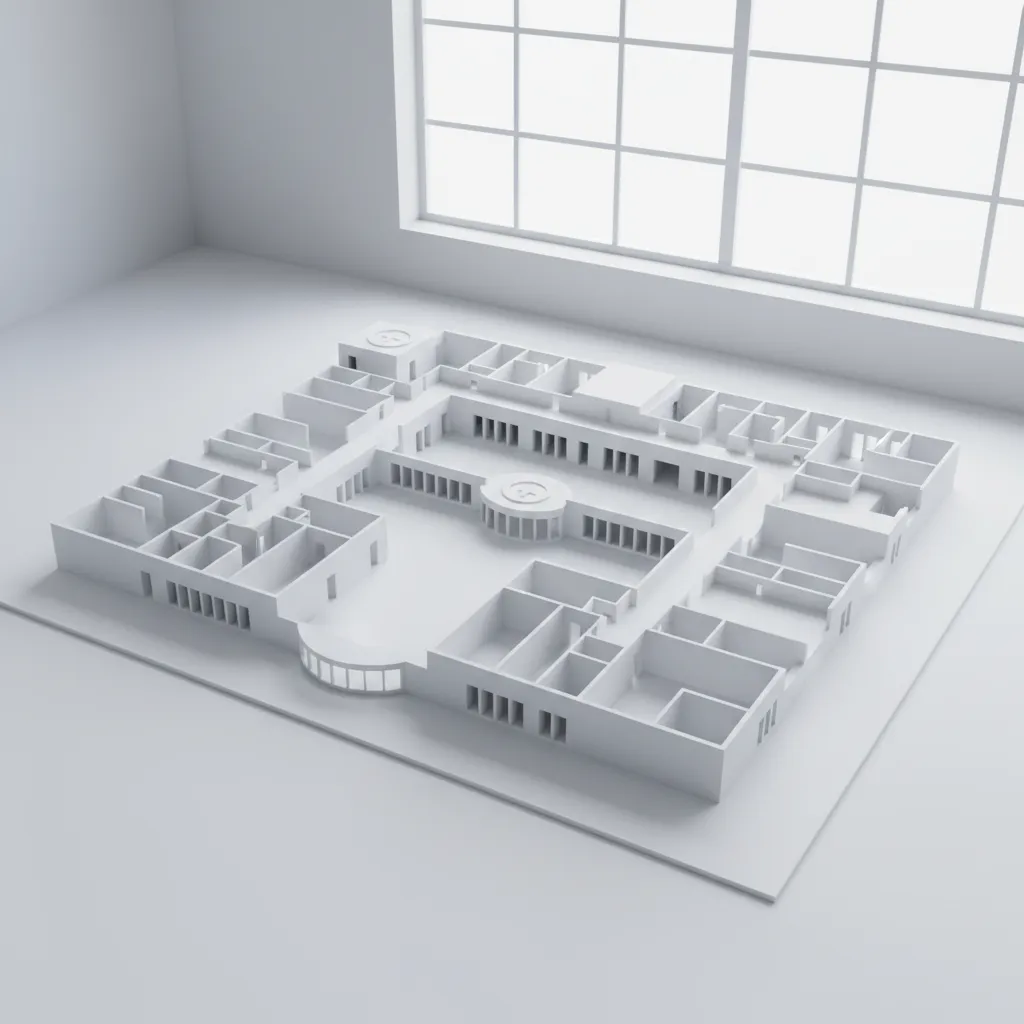 SketchUp style conceptual 3D hospital layout model with simplified forms