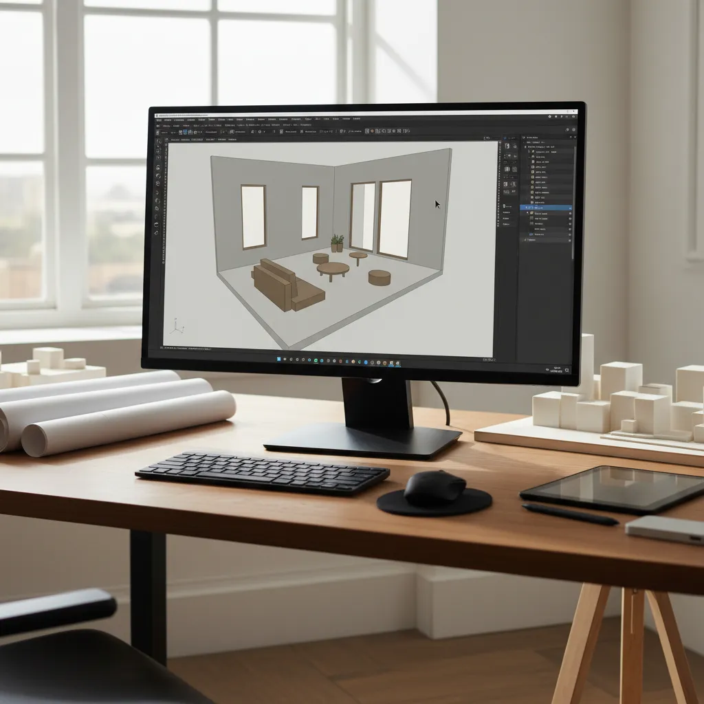 Interfaz de modelado 3D mostrando un diseño de habitación
