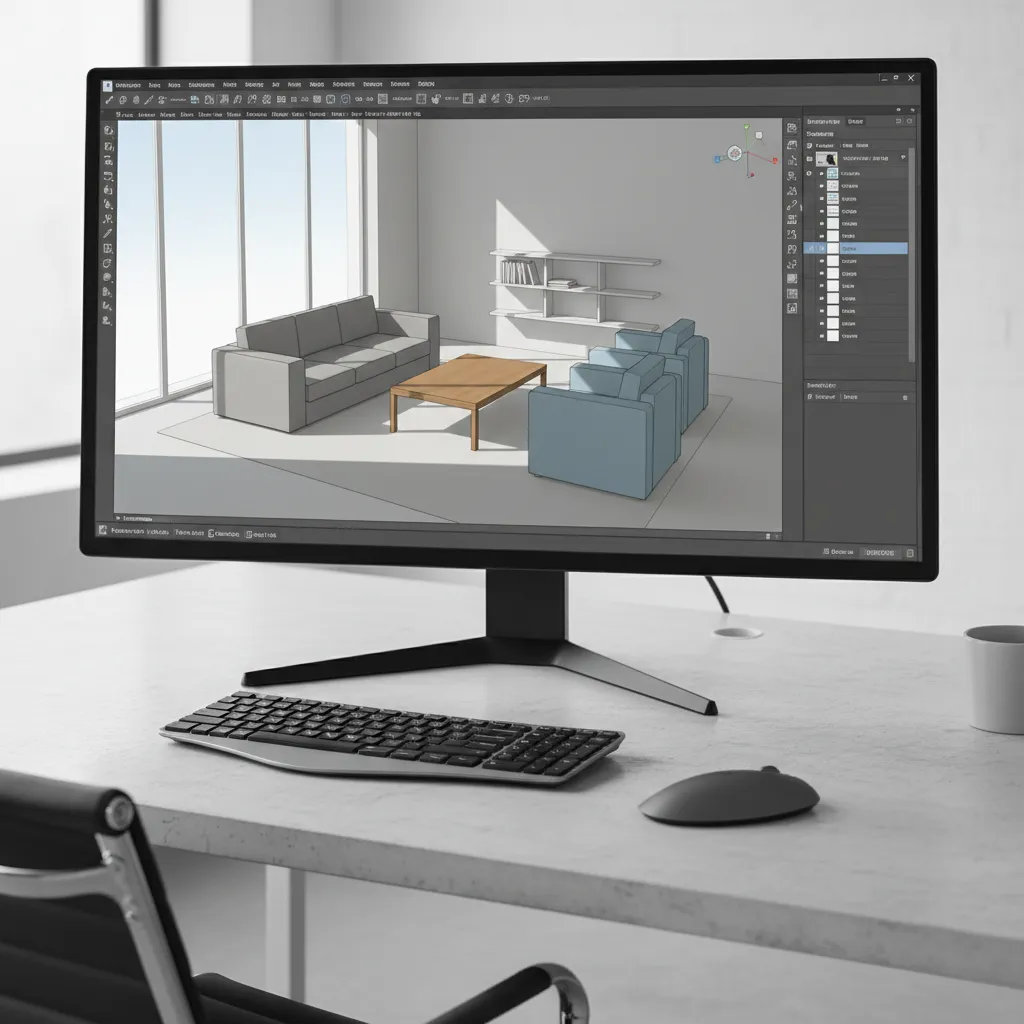 SketchUp interior design workspace showing 3D living room model and layout tools
