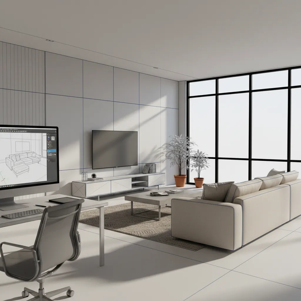 SketchUp style interior model showing living room design concept