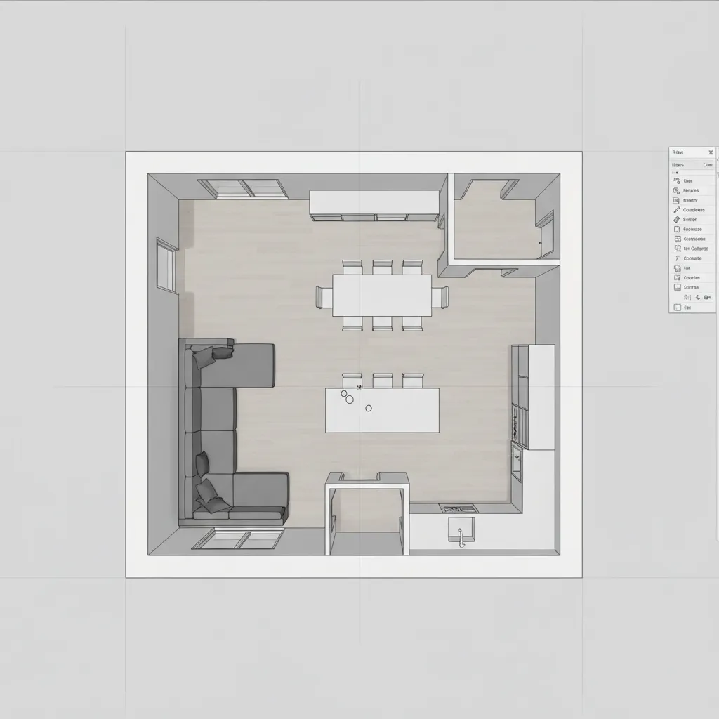 SketchUp style 3D interior model showing apartment layout and furniture placement