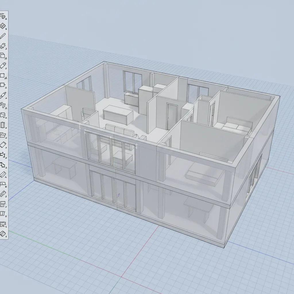 SketchUp style 3D model showing interior layout and exterior building structure