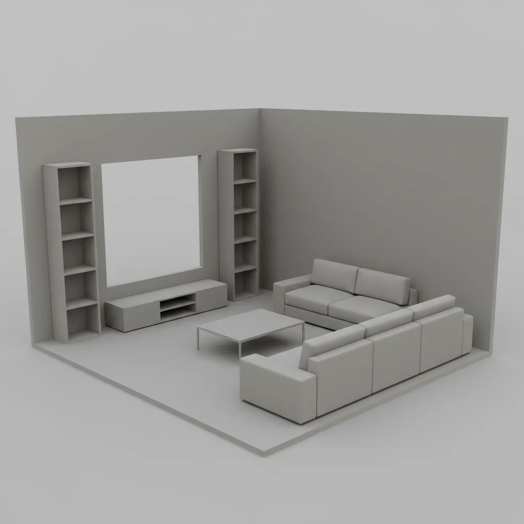 3D model of a living room layout with furniture placement used for interior rendering