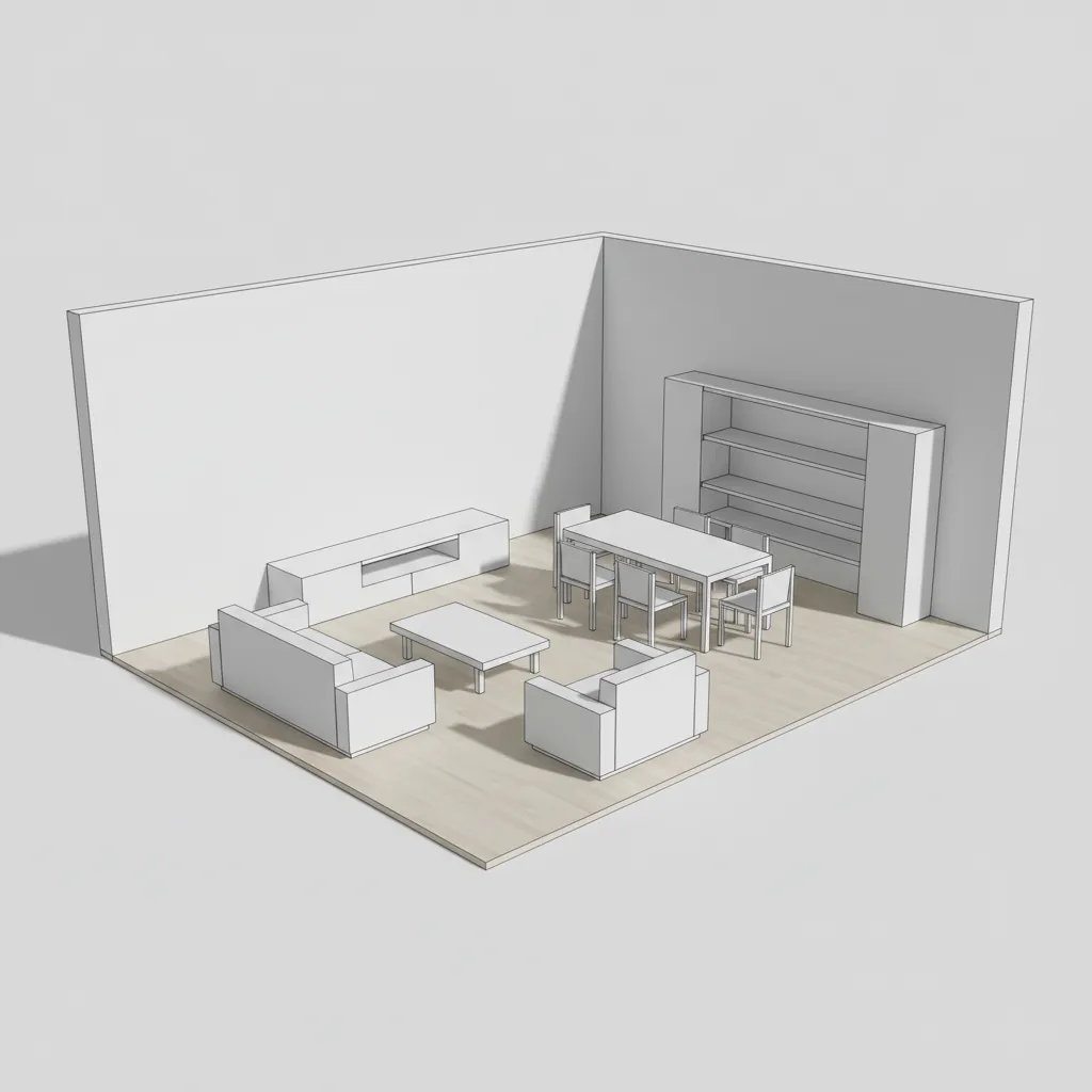 Simple interior room layout modeled in SketchUp style 3D view